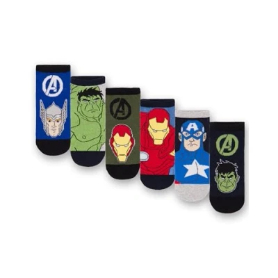 Image of Marvel Avengers Boys Socks Pack of 6 Kids Superhero Multicoloured Athletic Character Hulk Captain America Iron Man Thor Graphic Footwear Comfortable Childrens Sock Set Merchandise Gift