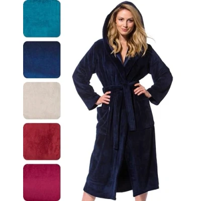 Image of Morgenstern Dressing Gown Women Hooded Premium Bathrobe Long Navy Blue L