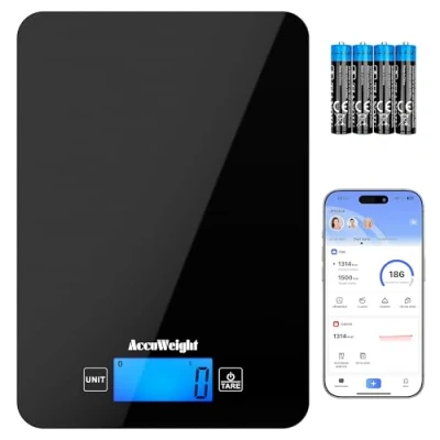 Image of ACCUWEIGHT CK780 Bluetooth Kitchen Scales with Nutrition Calculator (Batteries included), Smart Food Scale Backlit LCD, Calorie Counting for Cooking or Weight Loss, 5kg/11lb