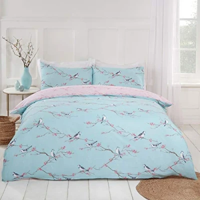 Image of Dreamscene Blossom Bird Reversible Floral Quilt Duvet Cover with Pillowcase Bedding Set, Duck Egg Blush 2 pieces, Single