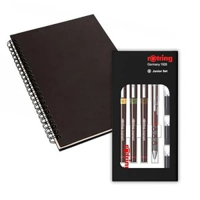 Image of rOtring Isograph S0699320 Junior Set 3x Technical Pens 0.20mm, 0.30mm, 0.50mm Fineliner + Accessories with Notebook