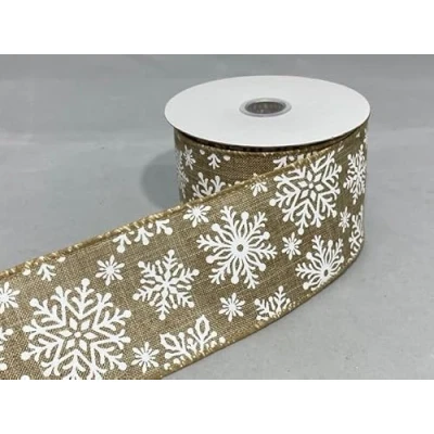 Image of 2 Meters x 63mm Wired Ribbon Natural Snowflake Christmas Hessian Style 6.3cm