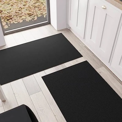 Image of PETTI Artigiani Italiani Kitchen Rug, Runner, Washable, Non Slip, Rug Solid Colour, 52 x 480 cm, Black, 100% Made in Italy