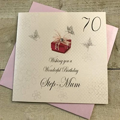Image of WHITE COTTON CARDS Wishing You a Wonderful Step Mum, Handmade 70th Birthday Card (Red Present)