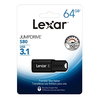Image of Lexar JumpDrive S80 64GB USB 3.1 Flash Drive, Up to 150MB/s Read (LJDS080064G BNBNU), Black