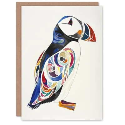 Image of Artery8 Puffin Bird Bright Colourful Pattern Folk Art Blank For Him Or Her Birthday Card