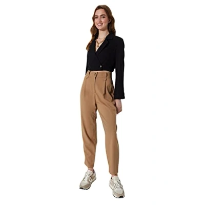 Image of Trendyol Women&#039;s Woman Basics High Waist Straight Leg Regular fit Trousers Pants, Mink, 14