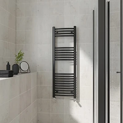 Image of Warmehaus Curved Heated Towel Rail Black Bathroom Ladder Style Radiator Central Heating 1200x400mm