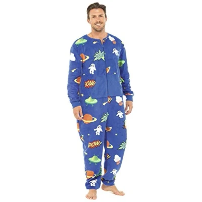 Image of Men???s Planet Design All in One Pyjamas Onesie Blue Size L/XL