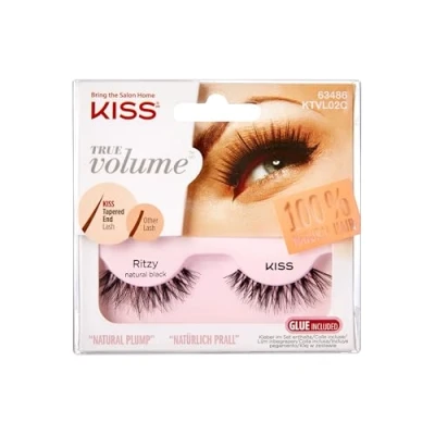 Image of KISS True Volume Collection 1 Pair of False Lashes, Ritzy, 100% Natural Hair Fake Eyelases with Tapered End Technology includes Lash Glue