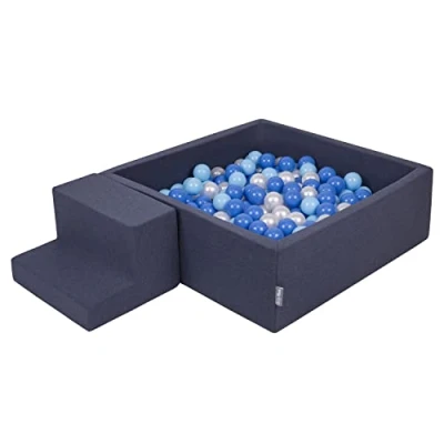 Image of KiddyMoon Foam Playground For Kids With Square Ballpit (200 Balls ∅ 7Cm/2.75In) Soft Obstacles Course And Ball Pool, Made In The EU, Darkblue:Babyblue/Blue/Pearl