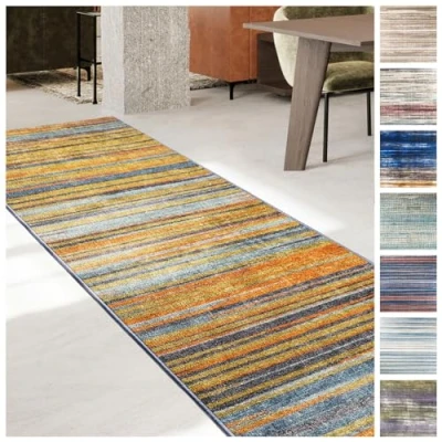 Image of KARAT Rug Runner for Kitchen, Hallway &amp; Living Room, Kitchen Non Slip Modern Room Bedroom, Sold by the Metre, Made to Measure, Orange/Grey, 80 x 250 cm (Calama)