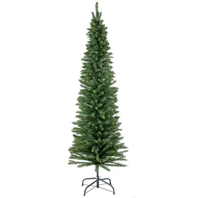 Image of Mr Crimbo 6ft (180cm) Green Artificial Pencil Christmas Tree Tall Thin Slim Xmas Pine Tree, 555 Branch Tips, Folding Metal Base
