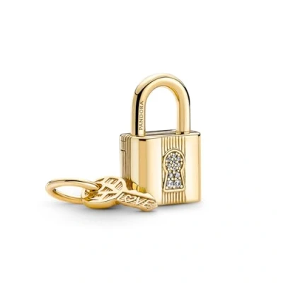 Image of PANDORA Padlock &amp; Key Dangle Charm 14k Gold Bracelet Compatible Moments Gift for Her No Box