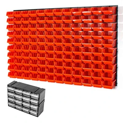 Image of 120 orange S size storage bins with wall mounted panel