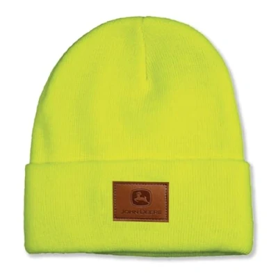 Image of John Deere Leather Patch Beanie High Visibility Yellow