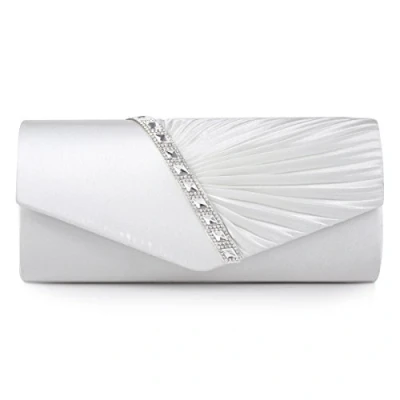 Image of Damara Womens Pleated Crystal Studded Satin Handbag Evening Clutch,White