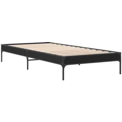 Image of vidaXL Black Single Bed Frame 90x190 cm Engineered Wood with Metal Legs, Plywood Slats for Mattress Support, Headboard Included