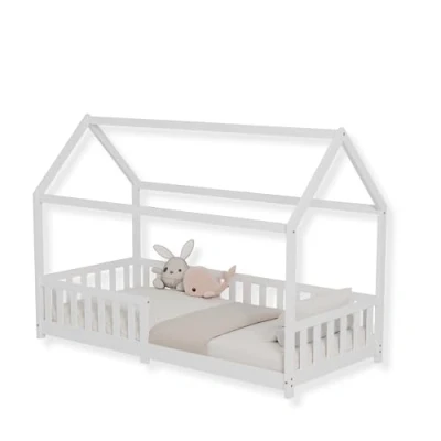 Image of ecomi Children&#039;s House Bed with Fall Protection and Slatted Frame, 90 x 200 / 80 160 cm for Children White (90 200)