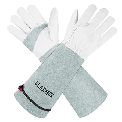 Image of SLARMOR Leather Gardening Gloves for Women/Men Thorn Proof Cowhide Rose/Blackberry Pruning Heavy Duty Garden Thick Palm Gauntlet Work with Forearm Protection