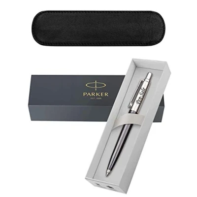 Image of Personalised Engraved Parker Jotter Black/Blue/Red, Choice of Blue or Black Ink, Ballpoint Pen Gift Boxed with a Classy Genuine Leather Slip Enter Your Custom Text (Jotter Ink)