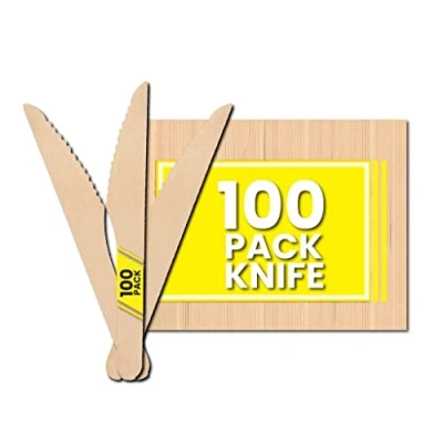 Image of Zuvo Disposable Wooden Knives Pack of 100 Eco Friendly Biodegradable Cutlery for Desert Birch Wood Sturdy Knives…, Brown