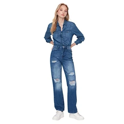 Image of Trendyol Women&#039;s Woman 90&#039;s Wide Leg Jeans, Navy Blue, 42