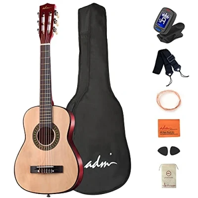 Image of ADM 1/4 Kids Classical Guitar Kit, 30&quot; Junior Set for Beginnners with Gig Bag, Clip on Tuner, Strap, Picks, Extra Strings, Storage Bag and Cleaning Cloth (Natural)