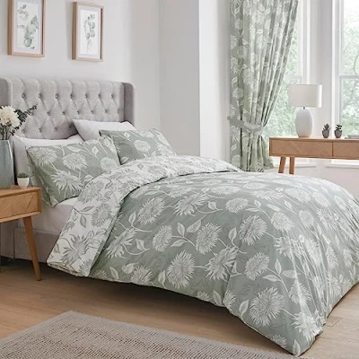 Image of Dreams &amp; Drapes Green Chrysanthemum Duvet Cover Single Bedding Size Reversible (2 Colours) Easy Care Washable Sage Light Floral Flower Sets