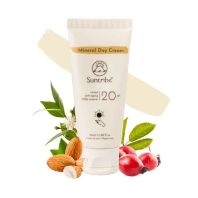 Image of Suntribe Natural Mineral Day Cream SPF 20 40 ml, Organic 100% Natural, Tinted, Vegan &amp; Non comedogenic Almond Jojoba Oil Sensitive Skin Winner Beauty Shortlist Awards 2022