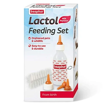 Image of Beaphar Lactol Feeding Set Accessories For use with Milk Replacer Helps feed New born &amp; Weaning Kittens, Puppies Small Animals Pack Contains 1 Bottle, 6 Teats Cleaning Brush