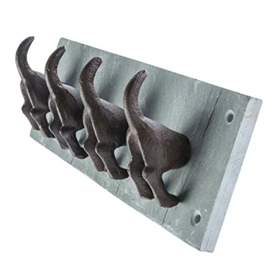 Image of HOMESCAPES Dog Tail Wall Mounted Coat Rack with 4 Hooks Cast Iron Hangers on Natural Slate Panel