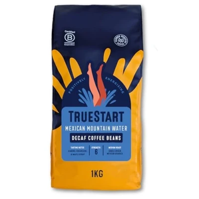 Image of TrueStart Mexican Mountain Water Decaf Coffee Beans, 1kg Arabica, Smooth &amp; Sweet Ground Coffee, Ideal Beans for Espresso Lovers, Medium Roast