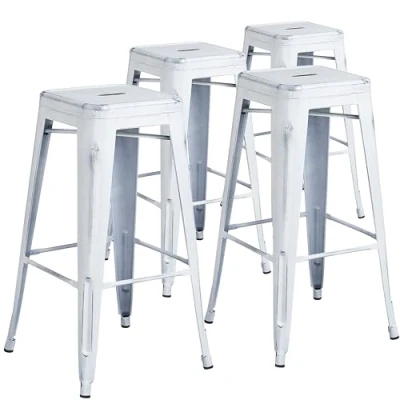 Image of Flash Furniture Commercial Grade 4 Pack 30&quot; High Backless Distressed Metal Indoor Outdoor Barstool, Plastic, Iron, White, Set of