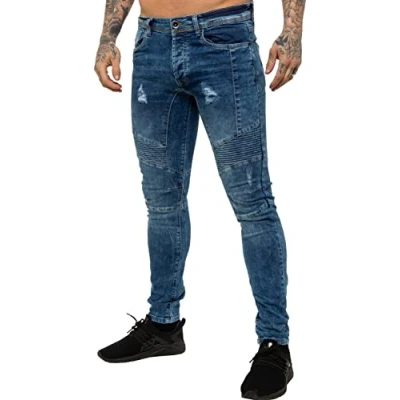 Image of New ENZO Mens Stretch Skinny Fit Biker Blue Denim Jeans 38 W X 32R Wash