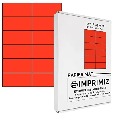 Image of 300 Neon Red Self Adhesive Labels 105 x 49.5 mm 12 per Sheet 25 Sheets of A4 Coloured Paper for Laser and Inkjet Printing