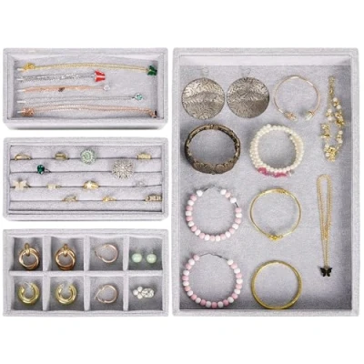 Image of BELLE VOUS Grey Jewellery Organiser Tray Set (4 Pack) Velvet Stackable Draw Trays Box Inserts/Necklace Organisers Necklaces, Rings, Bracelets &amp; Earrings Storage