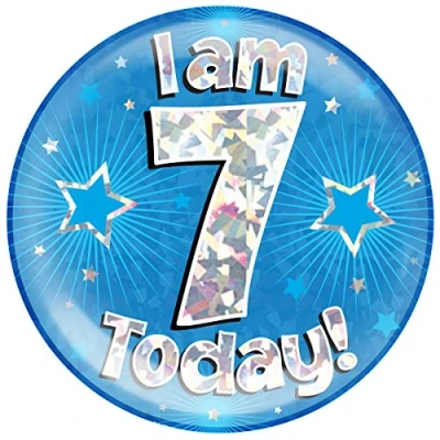 Image of OAKTREE UK 633391 6&quot; Jumbo Badge I am 7 Today Blue Holographic Cracked Ice