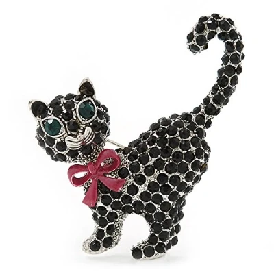 Image of Avalaya Jet Black Diamante &#039;Cat with Pink Bow&#039; Brooch in Rhodium Plating 45mm Width