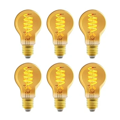 Image of Amazon Basics E27 Vintage LED Bulb, Antique Style Retro Amber Glass, A60, 4W (equivalent to 25 W), Pack of 6, 1800K Ultra Warm Light For Decoration