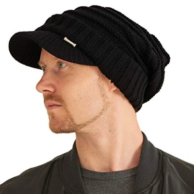 Image of Slouchy Beanie Brim Hat Mens Slouch Cap Womens Warm Cable Knit with Brimmed Visor Black