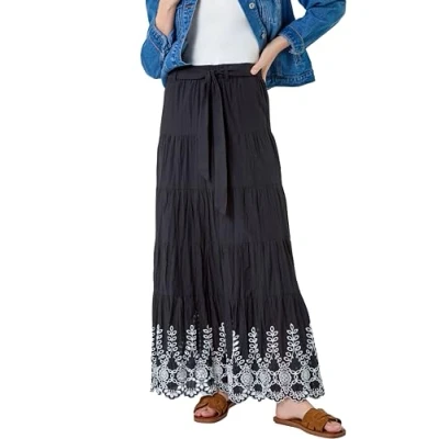 Image of Roman Originals Cotton Broderie Tiered Maxi Skirt for Women UK Ladies Everyday Holiday Spring Summer Comfy Soft Evening Vacation Work Party Black Size 16