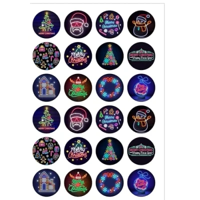 Image of 24 Pre Cut Round Neon Christmas Xmas Themed Edible Wafer paper Cake Toppers Decorations