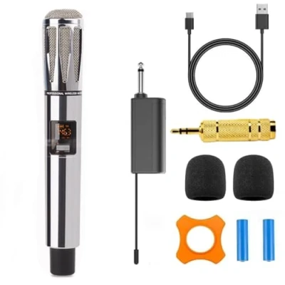 Image of Handheld Wireless Microphone, ALL Metal Rechargeable UHF Dynamic Mic for Large Stage Singing Karaoke Wedding DJ Party Speech Church Class Use PA System (Metal silver)