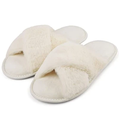 Image of riemot Slippers Women Fluffy Slipper Memory Foam Cross Band Furry Open Toe Ladies Soft Fur Warm Plush Home Anti Slide House Shoes for Girls Indoor Outdoor,White,UK 5 6