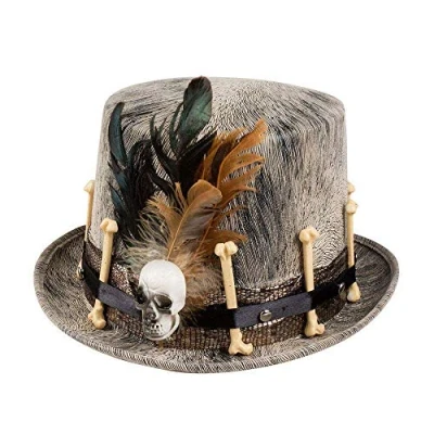 Image of Boland Voodoo Nawu Hat Grey with Bone and Feather Decorations, Perfect for Halloween, Cosplay, Themed Parties