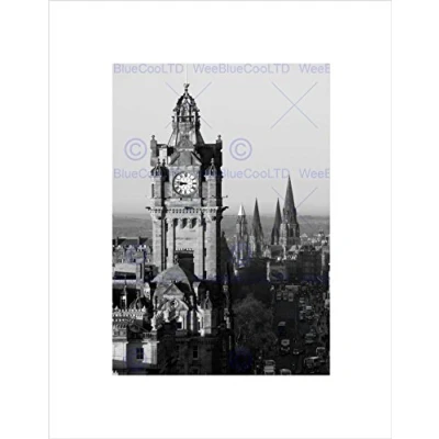 Image of Wee Blue Coo Photo Cityscape Edinburgh Spires Black White Wall Art Print