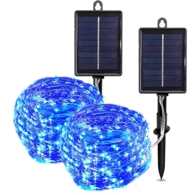 Image of QSPORTPEAK Solar Fairy Lights Outdoor, 2 Pack 100 LED 12M/33Ft String Garden Waterproof, 8 Modes Copper Wire for Patio Yard Trees Christmas Wedding Party Decor (Blue)