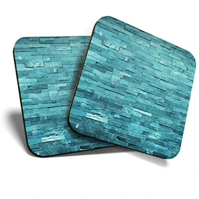 Image of Great Coasters (Set of 2) Square/Glossy Quality Coasters/Tabletop Protection for Any Table Type Teal Stone Wall Interior Design #15835