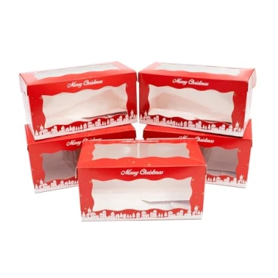 Image of Culpitt Christmas Log Boxes 5 Pack Red &amp; Gold Display With See Through Window, Strong Cake For The Festive Holidays 8&quot; x 4&quot;